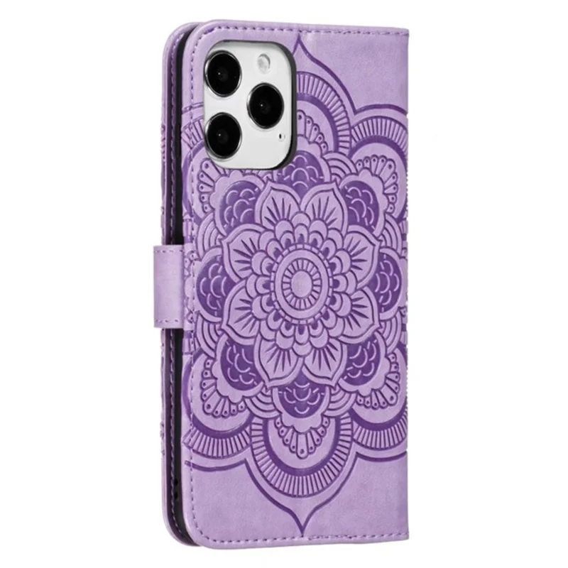 For iPhone 15 Pro Mandala Flower Case PU Leather Stand Wallet Phone Cover - Purple
