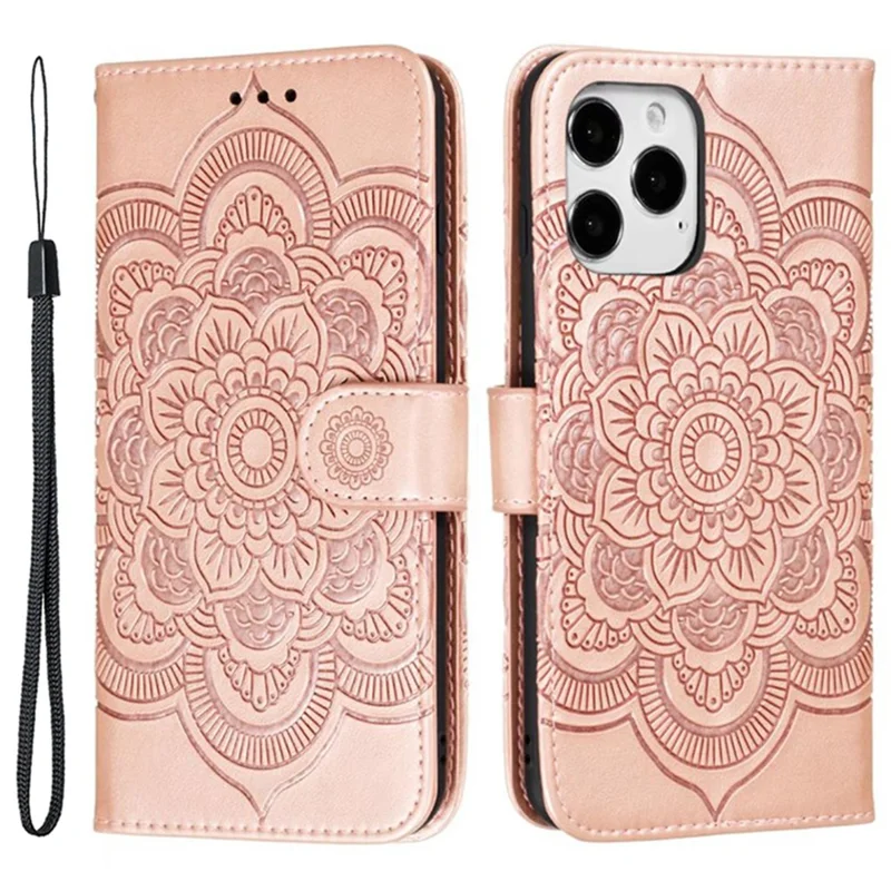 For iPhone 15 Pro Mandala Flower Case PU Leather Stand Wallet Phone Cover - Rose Gold