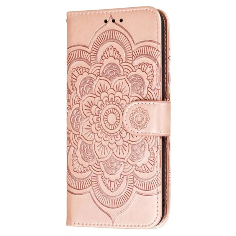 For iPhone 15 Pro Mandala Flower Case PU Leather Stand Wallet Phone Cover - Rose Gold