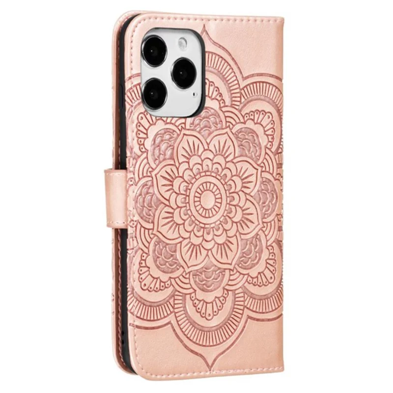 For iPhone 15 Pro Mandala Flower Case PU Leather Stand Wallet Phone Cover - Rose Gold