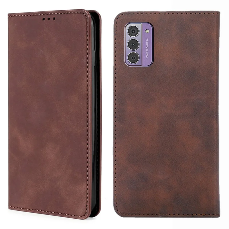 For Nokia G42 Case Skin-touch Flip Stand PU Leather Smart Phone Cover with Card Slots - Dark Brown