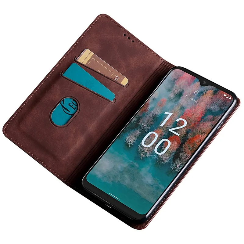 For Nokia G42 Case Skin-touch Flip Stand PU Leather Smart Phone Cover with Card Slots - Dark Brown