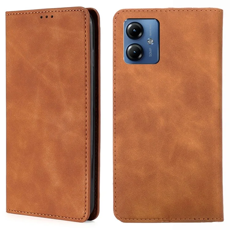 For Motorola Moto G14 4G Case Magnetic PU Leather Skin-touch Flip Stand Phone Cover with Card Slots - Light Brown