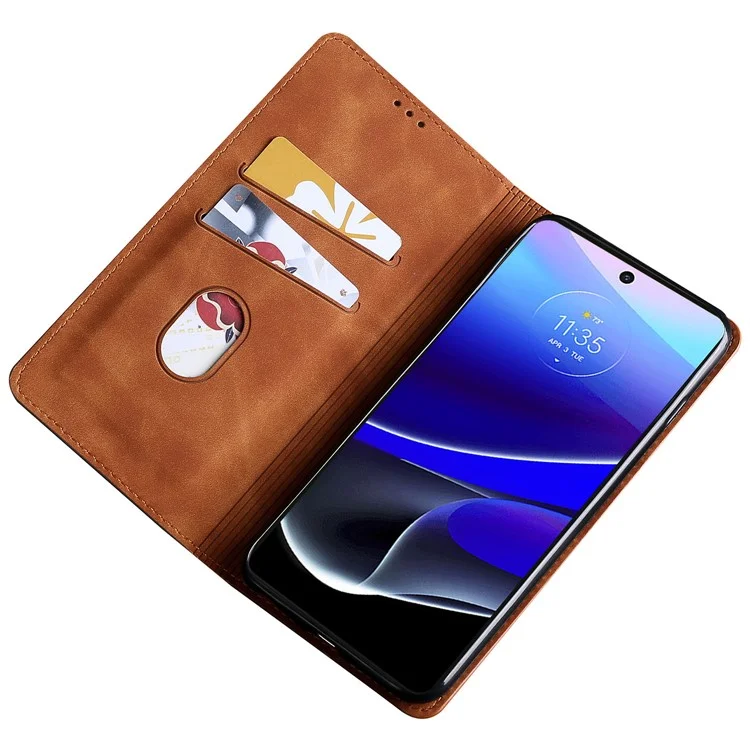 For Motorola Moto G14 4G Case Magnetic PU Leather Skin-touch Flip Stand Phone Cover with Card Slots - Light Brown