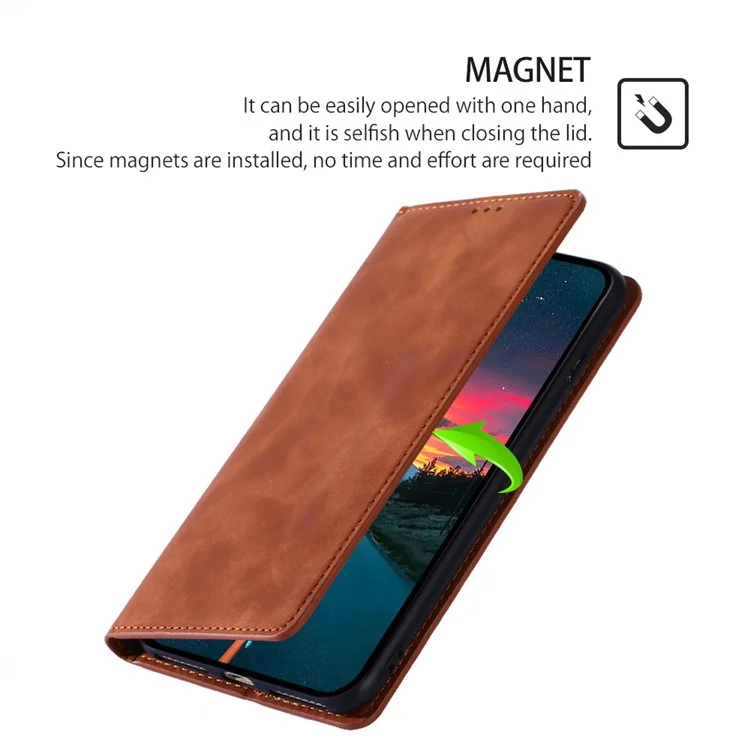 For Motorola Moto G14 4G Case Magnetic PU Leather Skin-touch Flip Stand Phone Cover with Card Slots - Light Brown
