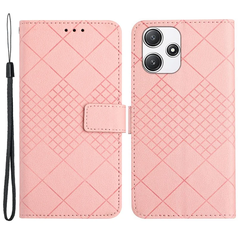 HT06 For Xiaomi Redmi 12 4G / 5G (Global) / Poco M6 Pro 5G Case Rhombus Imprinted Phone Leather Cover - Pink