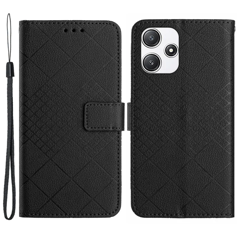 HT06 Pour Xiaomi Redmi 12 4G / 5G (Global) / Poco M6 Pro 5G Coque Rhombus Imprimée Couvercle en Cuir pour Téléphone - Noir