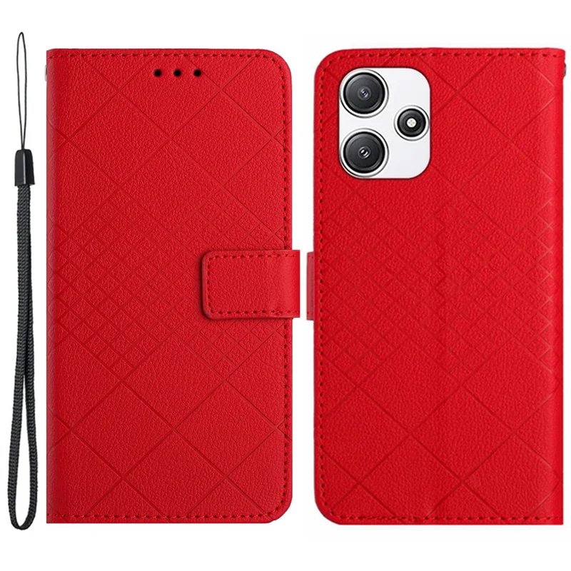 HT06 For Xiaomi Redmi 12 4G / 5G (Global) / Poco M6 Pro 5G Case Rhombus Imprinted Phone Leather Cover - Red