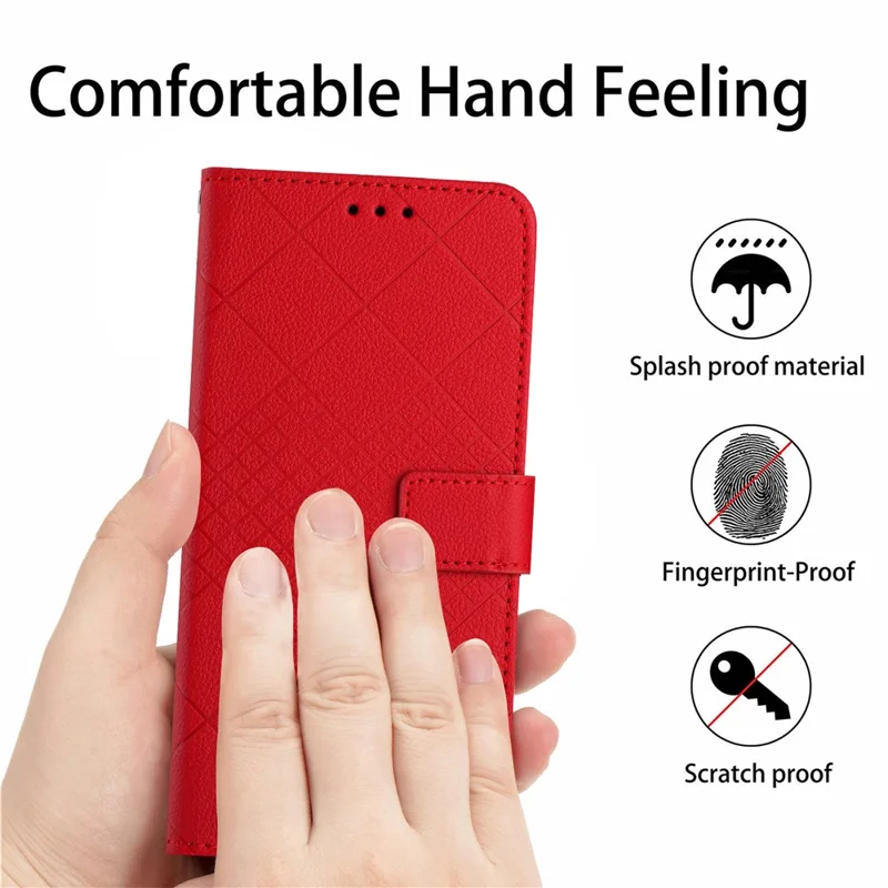 HT06 For Xiaomi Redmi 12 4G / 5G (Global) / Poco M6 Pro 5G Case Rhombus Imprinted Phone Leather Cover - Red