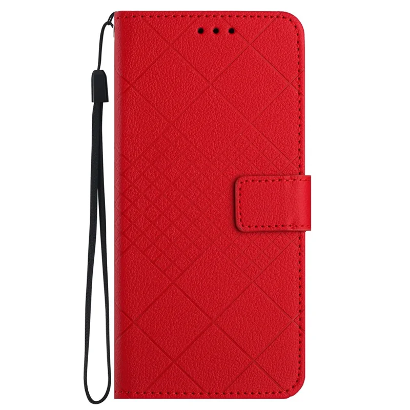 HT06 For Xiaomi Redmi 12 4G / 5G (Global) / Poco M6 Pro 5G Case Rhombus Imprinted Phone Leather Cover - Red