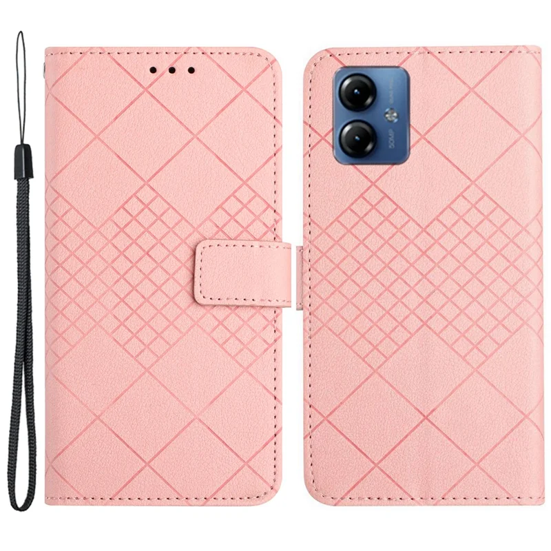 HT06 For Motorola Moto G14 4G Case Rhombus Imprinted Wallet Flip Phone Cover - Pink