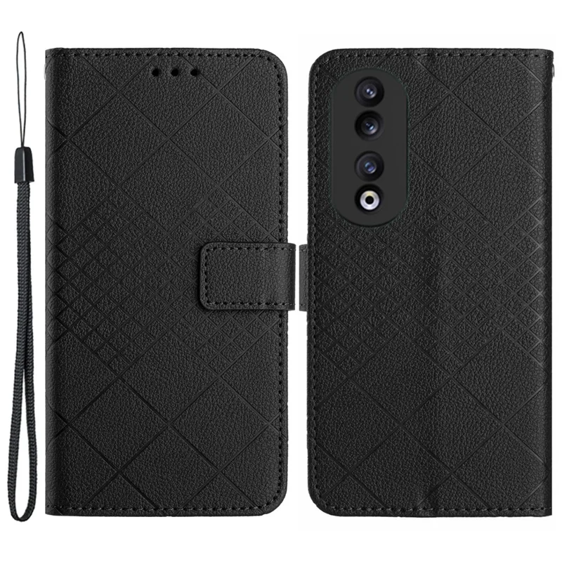HT06 Imprinted Leather Cover for Honor 90 Phone Case with Stand Wallet - Black