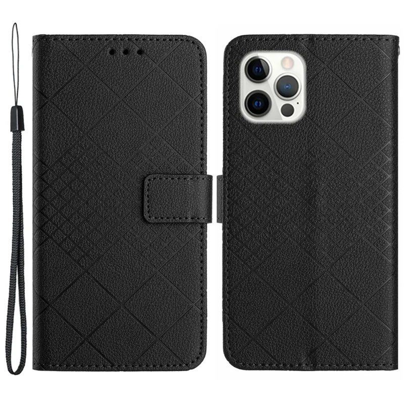 HT06 For iPhone 13 Pro Max 6.7 inch Case PU Leather Rhombus Pattern Phone Protector - Black