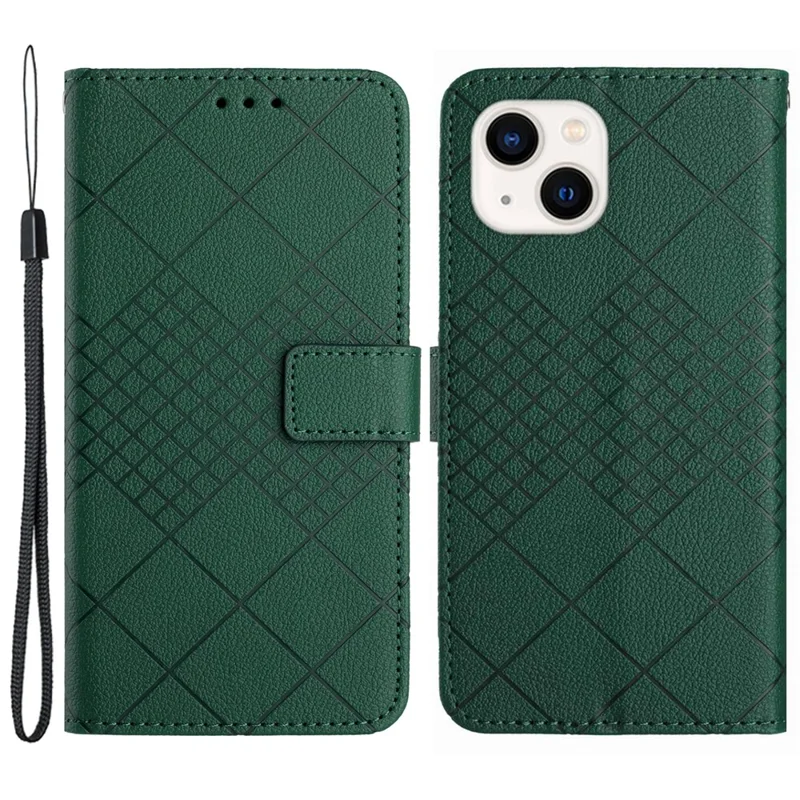HT06 For iPhone 14 Case PU Leather Rhombus Pattern Imprint Stand Mobile Phone Cover - Green