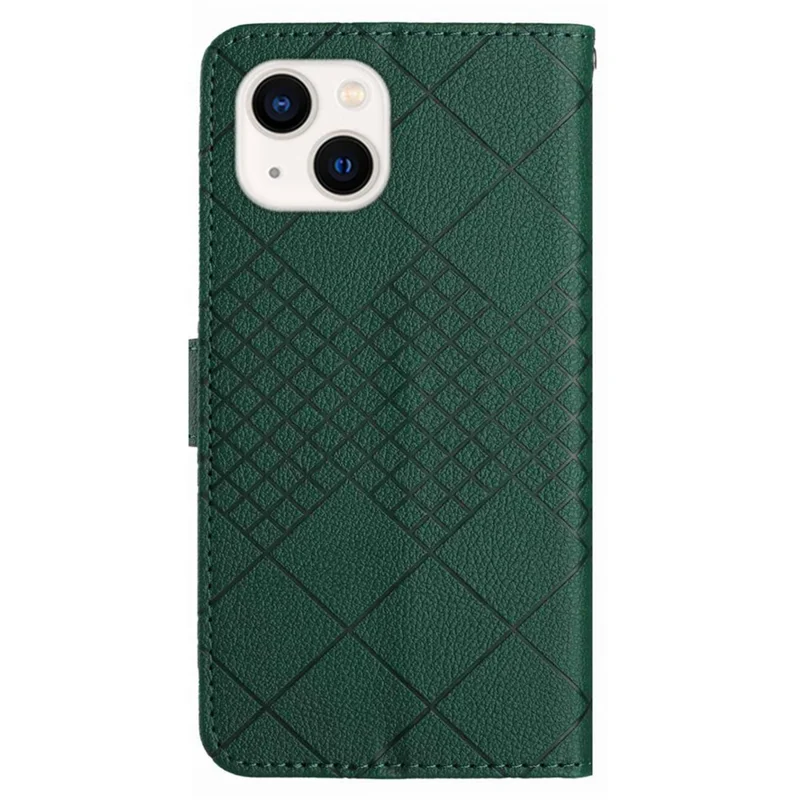 HT06 For iPhone 14 Case PU Leather Rhombus Pattern Imprint Stand Mobile Phone Cover - Green