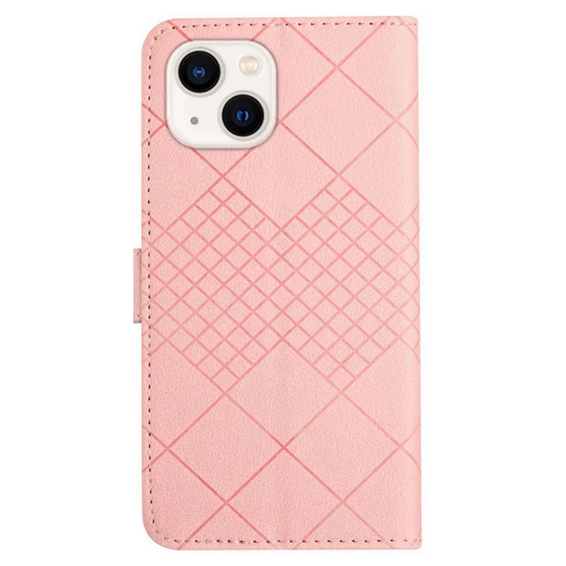 HT06 For iPhone 13 6.1 inch Case Imprint Rhombus Pattern Stand PU Leather Phone Cover - Pink