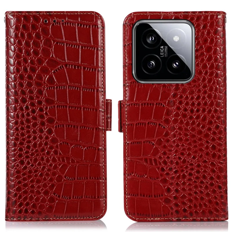 Per Xiaomi 14 Case RFID Blocking Genuine Cow Leather Phone Cover - Rosso