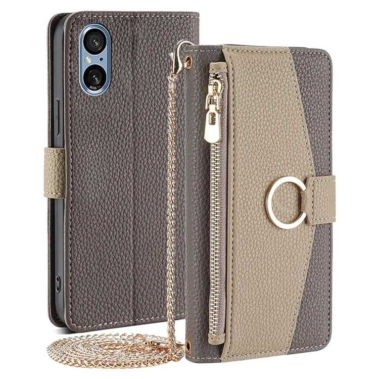 For Sony Xperia 5 V Case Wallet PU Leather Crossbody Phone Cover with Makeup Mirror - Grey