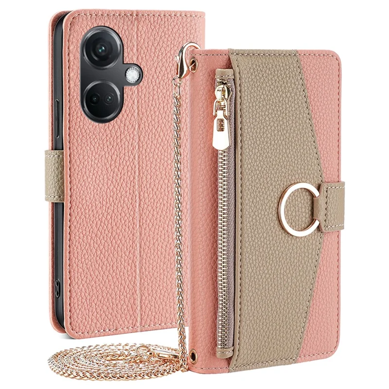 For OnePlus Nord CE3 5G Case Zipper Pocket Makeup Mirror PU Leather Phone Cover - Pink