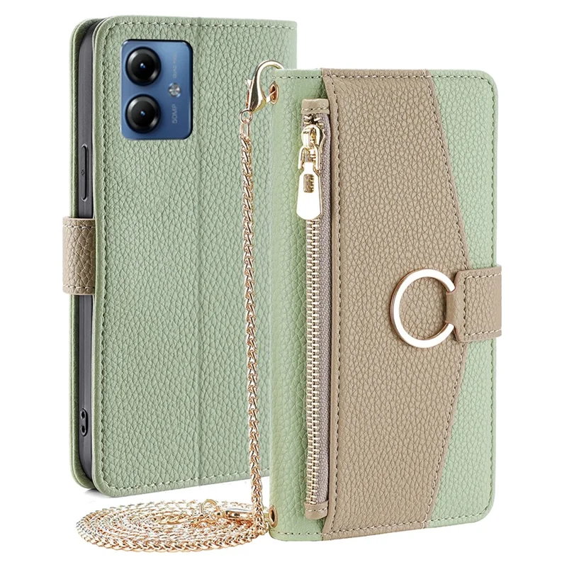 For Motorola Moto G14 4G Case Full Protective Leather Phone Cover with Makeup Mirror - Green
