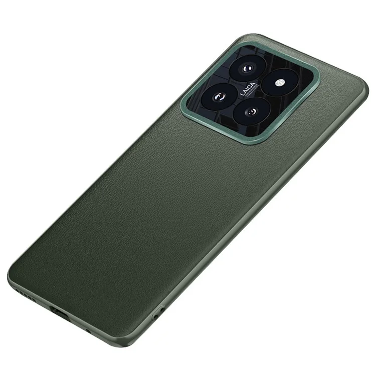 Pour Xiaomi 14 Case Leather Coated PC+TPU Metal Lens Protection Phone Cover (2e génération) - Vert foncé
