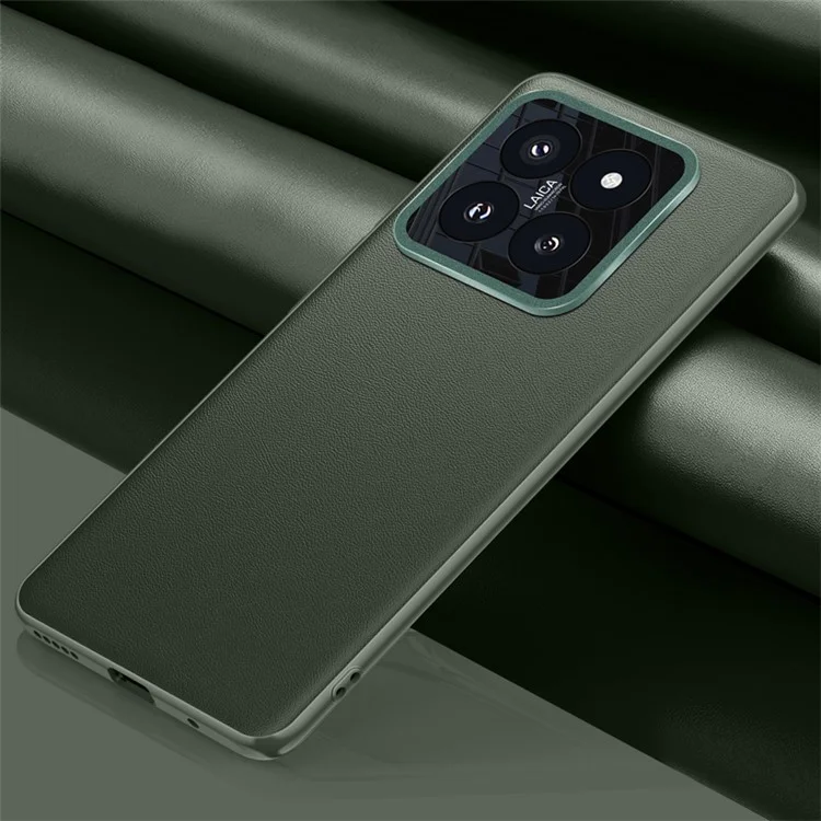 Pour Xiaomi 14 Case Leather Coated PC+TPU Metal Lens Protection Phone Cover (2e génération) - Vert foncé