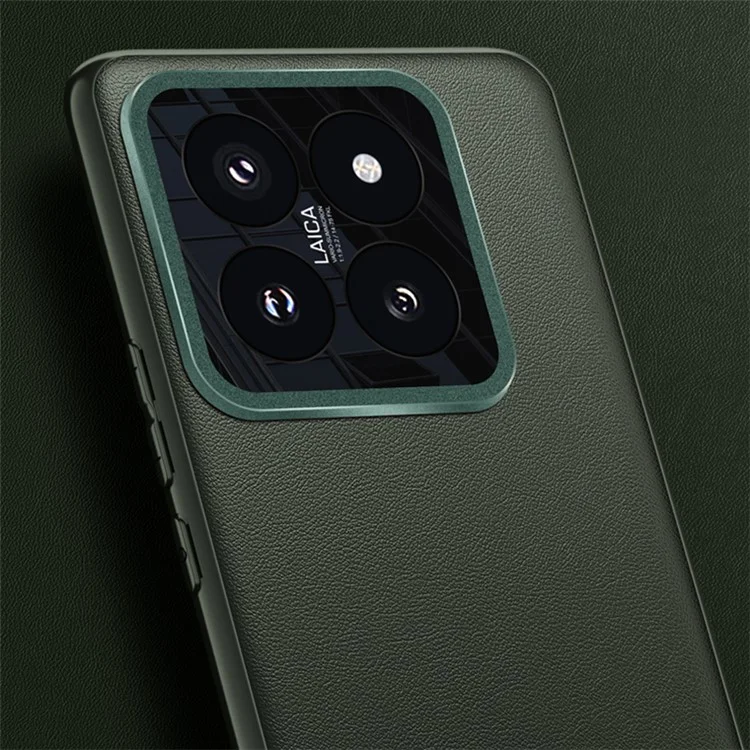Pour Xiaomi 14 Case Leather Coated PC+TPU Metal Lens Protection Phone Cover (2e génération) - Vert foncé