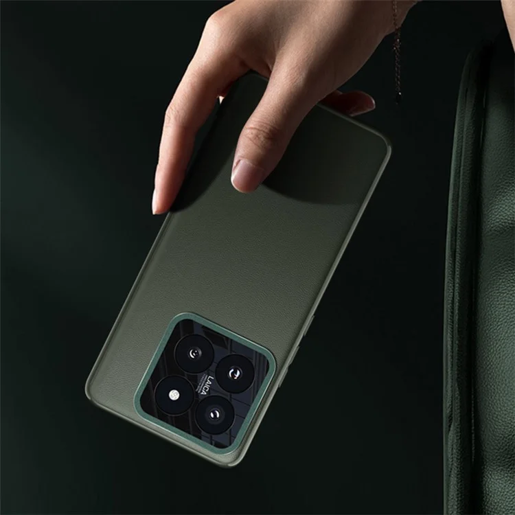 Pour Xiaomi 14 Case Leather Coated PC+TPU Metal Lens Protection Phone Cover (2e génération) - Vert foncé