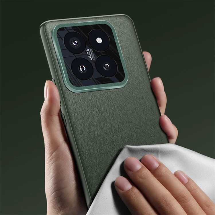 Pour Xiaomi 14 Case Leather Coated PC+TPU Metal Lens Protection Phone Cover (2e génération) - Vert foncé
