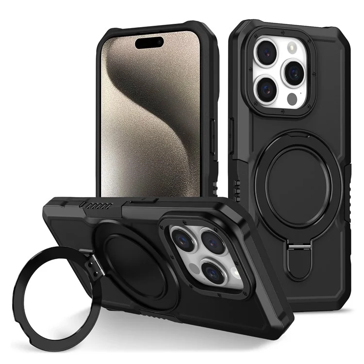 Für iPhone 15 Pro Max Ring Kickstand Case TPU + PC Magnetische Handyhülle - Schwarz