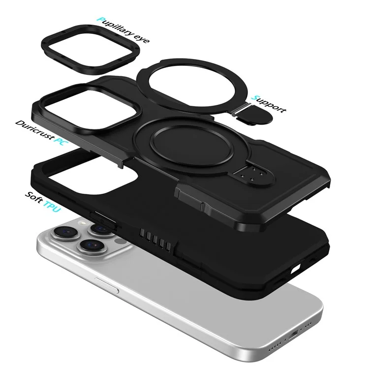 Für iPhone 15 Pro Max Ring Kickstand Case TPU + PC Magnetische Handyhülle - Schwarz