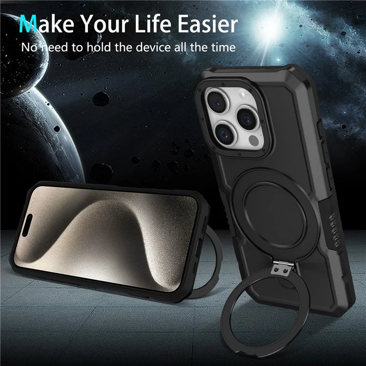Für iPhone 15 Pro Max Ring Kickstand Case TPU + PC Magnetische Handyhülle - Schwarz