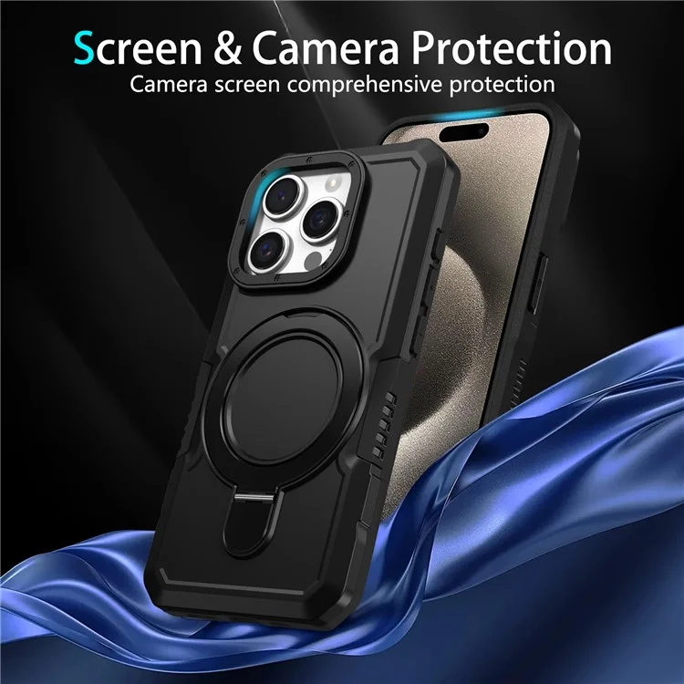 Für iPhone 15 Pro Max Ring Kickstand Case TPU + PC Magnetische Handyhülle - Schwarz