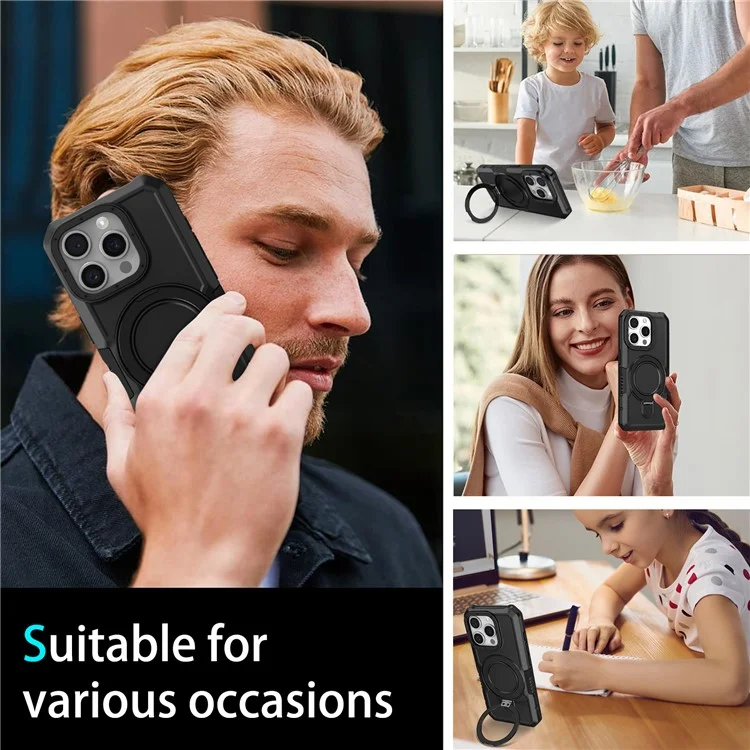 Für iPhone 15 Pro Max Ring Kickstand Case TPU + PC Magnetische Handyhülle - Schwarz