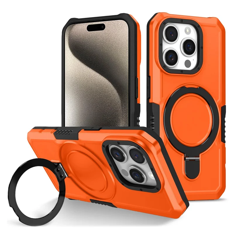 For iPhone 15 Pro Max Ring Kickstand Case TPU + PC Magnetic Phone Cover - Orange