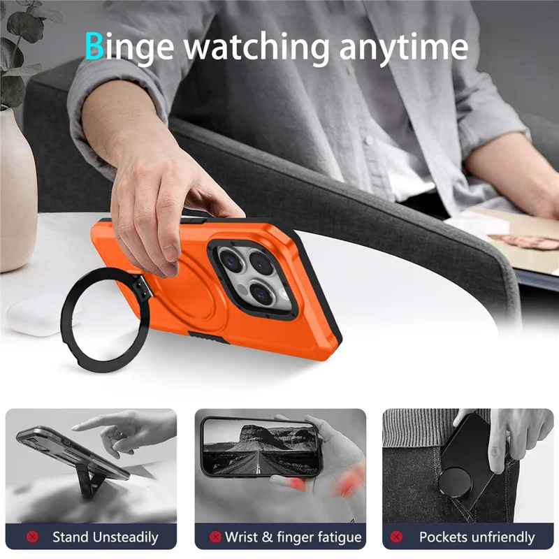 For iPhone 15 Pro Max Ring Kickstand Case TPU + PC Magnetic Phone Cover - Orange