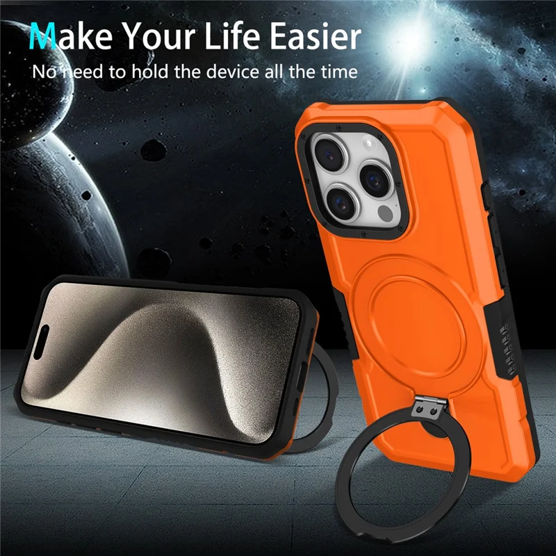 For iPhone 15 Pro Max Ring Kickstand Case TPU + PC Magnetic Phone Cover - Orange