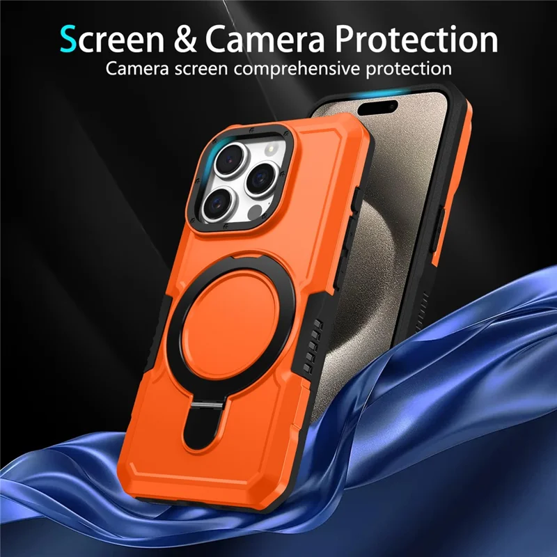 For iPhone 15 Pro Max Ring Kickstand Case TPU + PC Magnetic Phone Cover - Orange