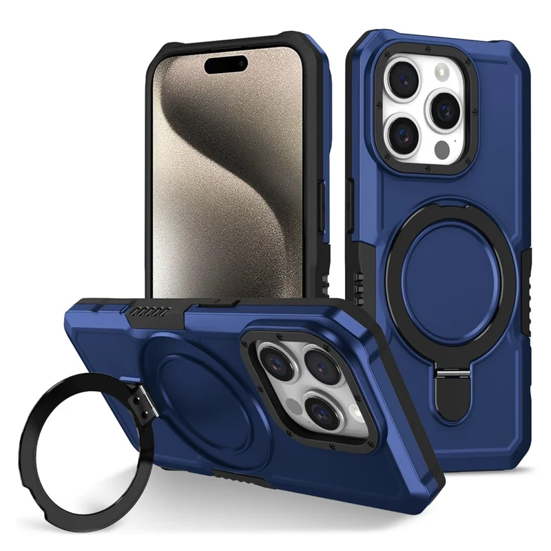For iPhone 15 Pro Max Ring Kickstand Case TPU + PC Magnetic Phone Cover - Sapphire