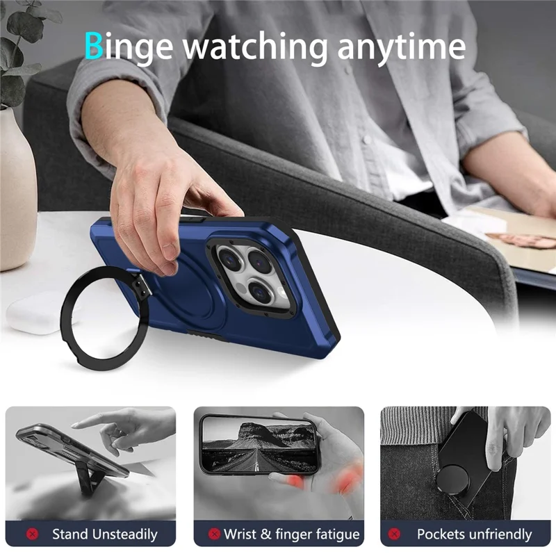 For iPhone 15 Pro Max Ring Kickstand Case TPU + PC Magnetic Phone Cover - Sapphire