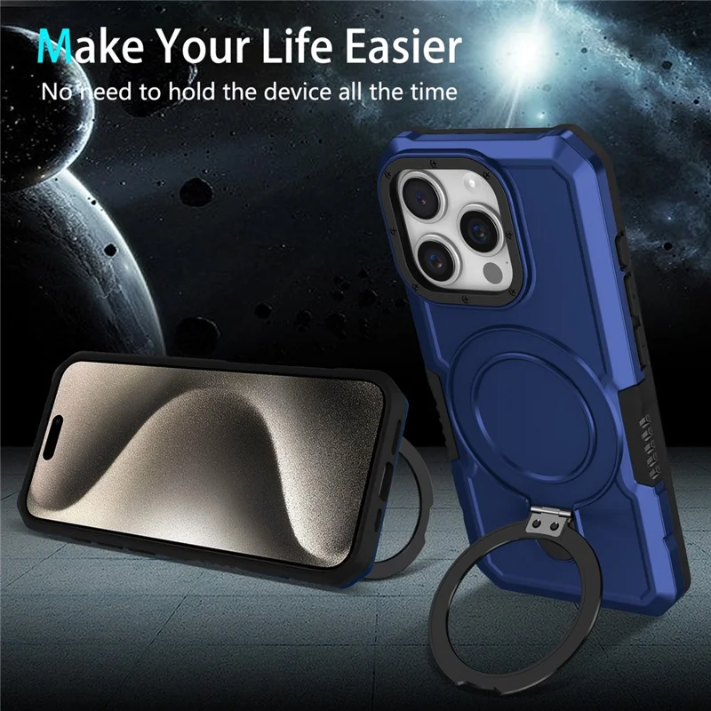 For iPhone 15 Pro Max Ring Kickstand Case TPU + PC Magnetic Phone Cover - Sapphire