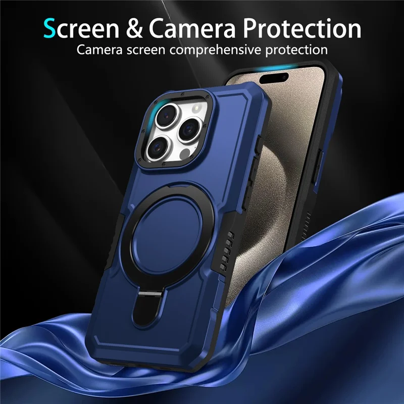 For iPhone 15 Pro Max Ring Kickstand Case TPU + PC Magnetic Phone Cover - Sapphire