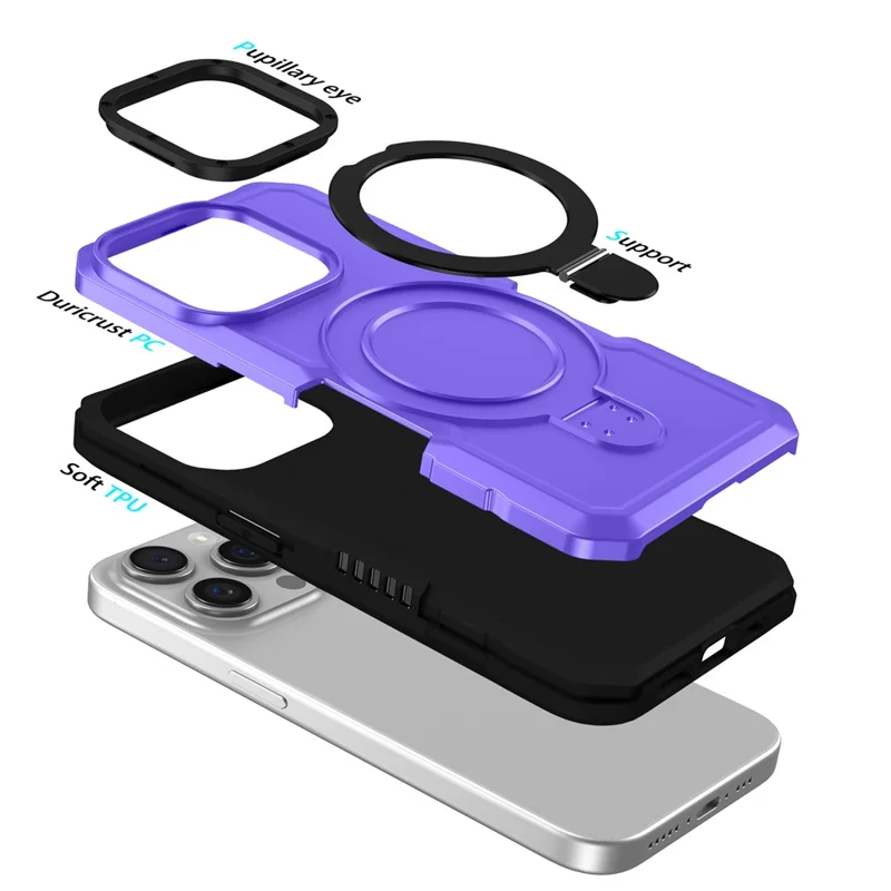 For iPhone 15 Pro Max Ring Kickstand Case TPU + PC Magnetic Phone Cover - Purple