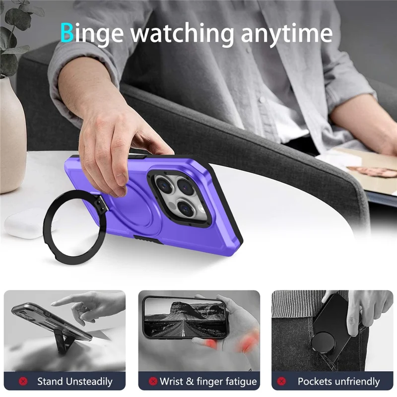 For iPhone 15 Pro Max Ring Kickstand Case TPU + PC Magnetic Phone Cover - Purple