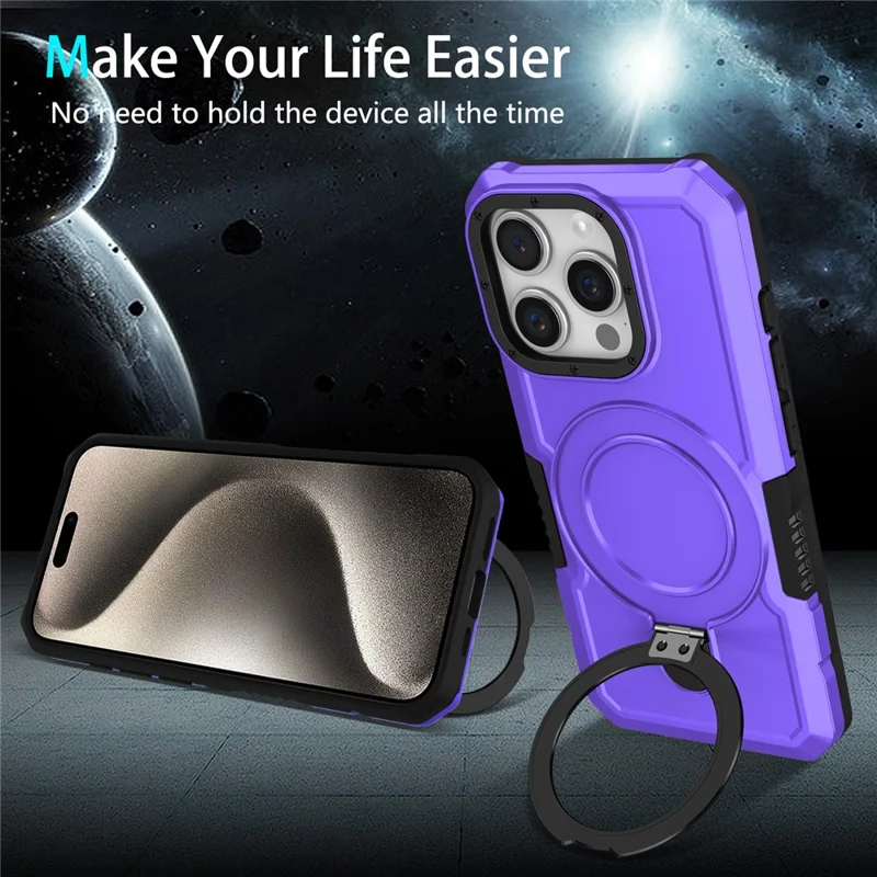 For iPhone 15 Pro Max Ring Kickstand Case TPU + PC Magnetic Phone Cover - Purple