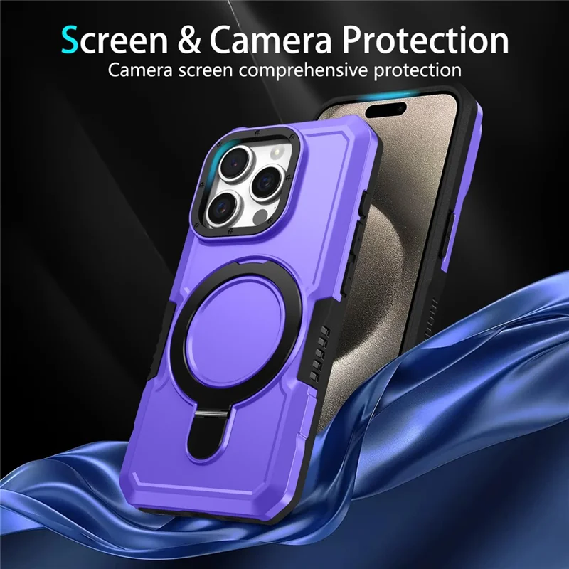 For iPhone 15 Pro Max Ring Kickstand Case TPU + PC Magnetic Phone Cover - Purple