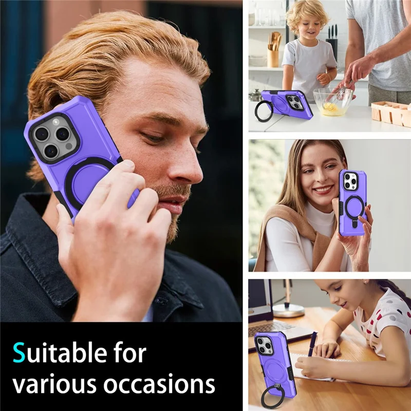 For iPhone 15 Pro Max Ring Kickstand Case TPU + PC Magnetic Phone Cover - Purple