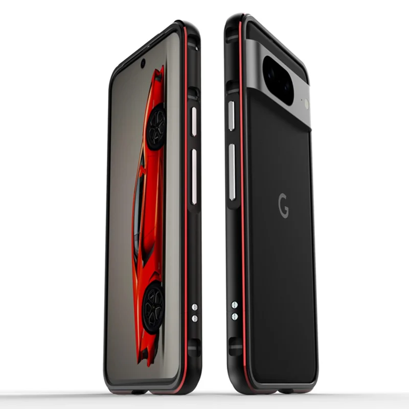 For Google Pixel 8 Case Shock Absorbent Metal Frame Bumper Cover - Black+Red