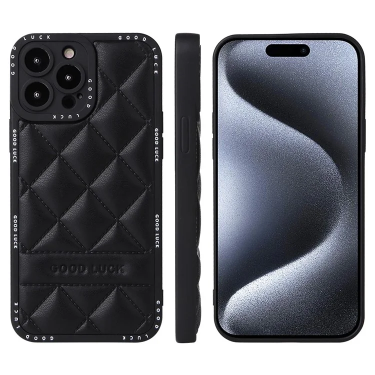 For iPhone 15 Pro Funda con textura de rejilla rómbica de cuero sintético recubierto de PC + TPU - Negro