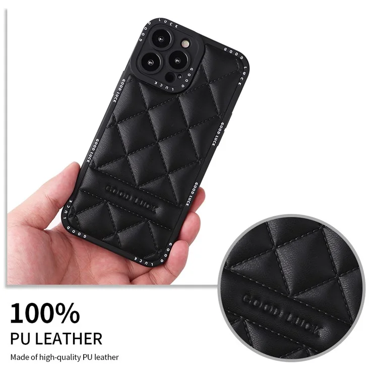 For iPhone 15 Pro Funda con textura de rejilla rómbica de cuero sintético recubierto de PC + TPU - Negro